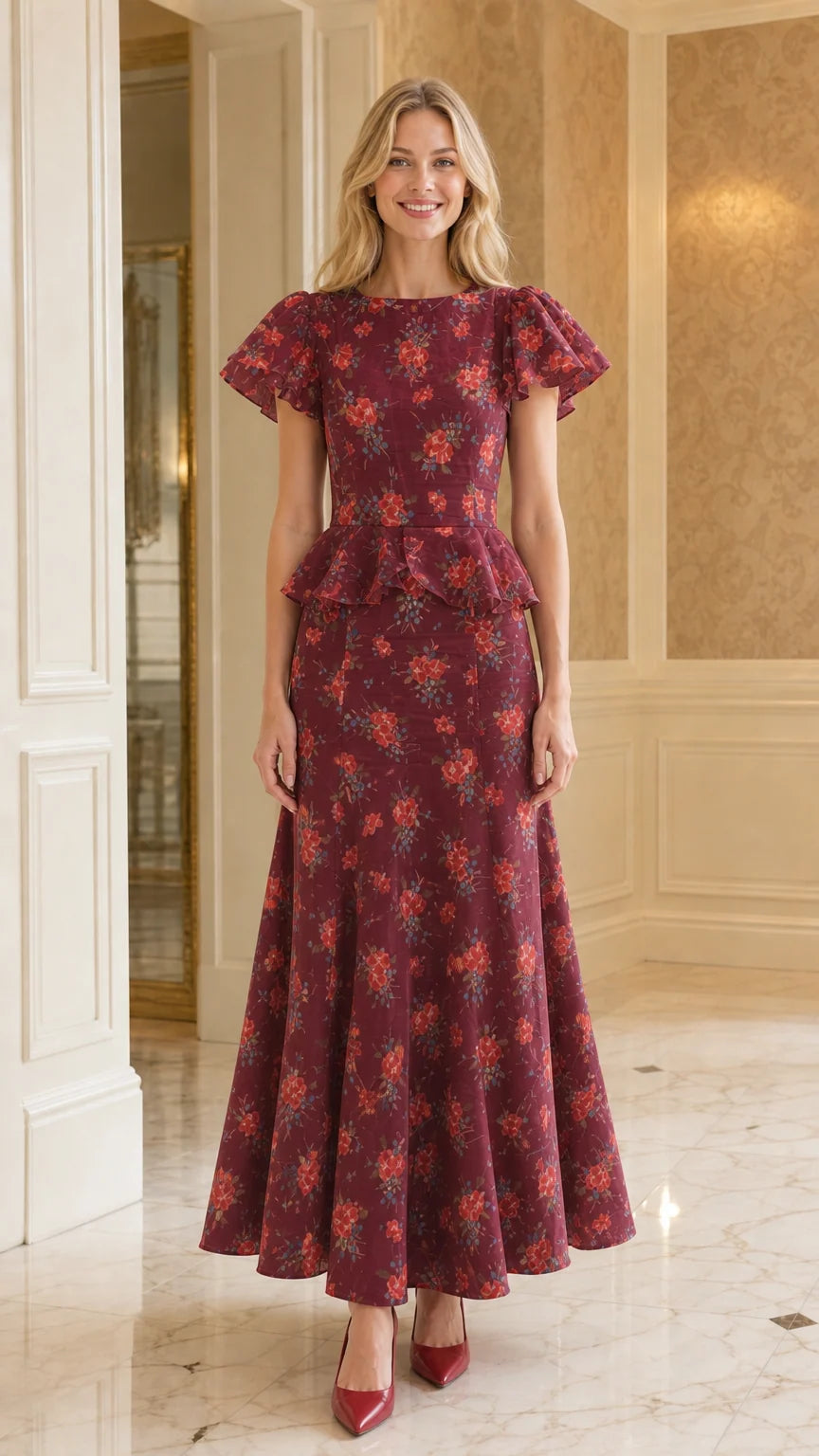 Front view of burgundy floral print ruffle sleeve peplum maxi dress