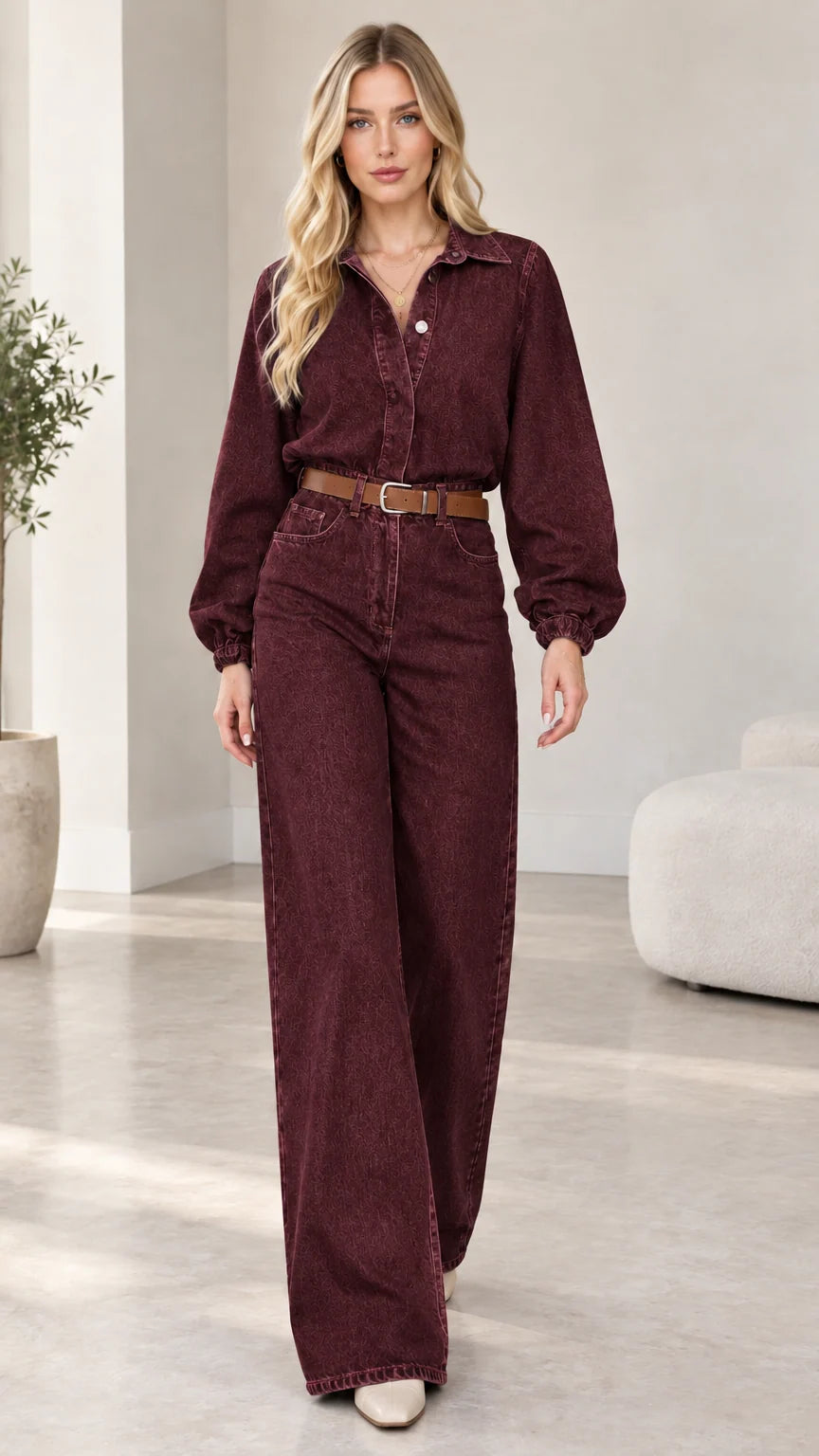 Model wearing burgundy plum wide-leg denim jumpsuit with brown belt