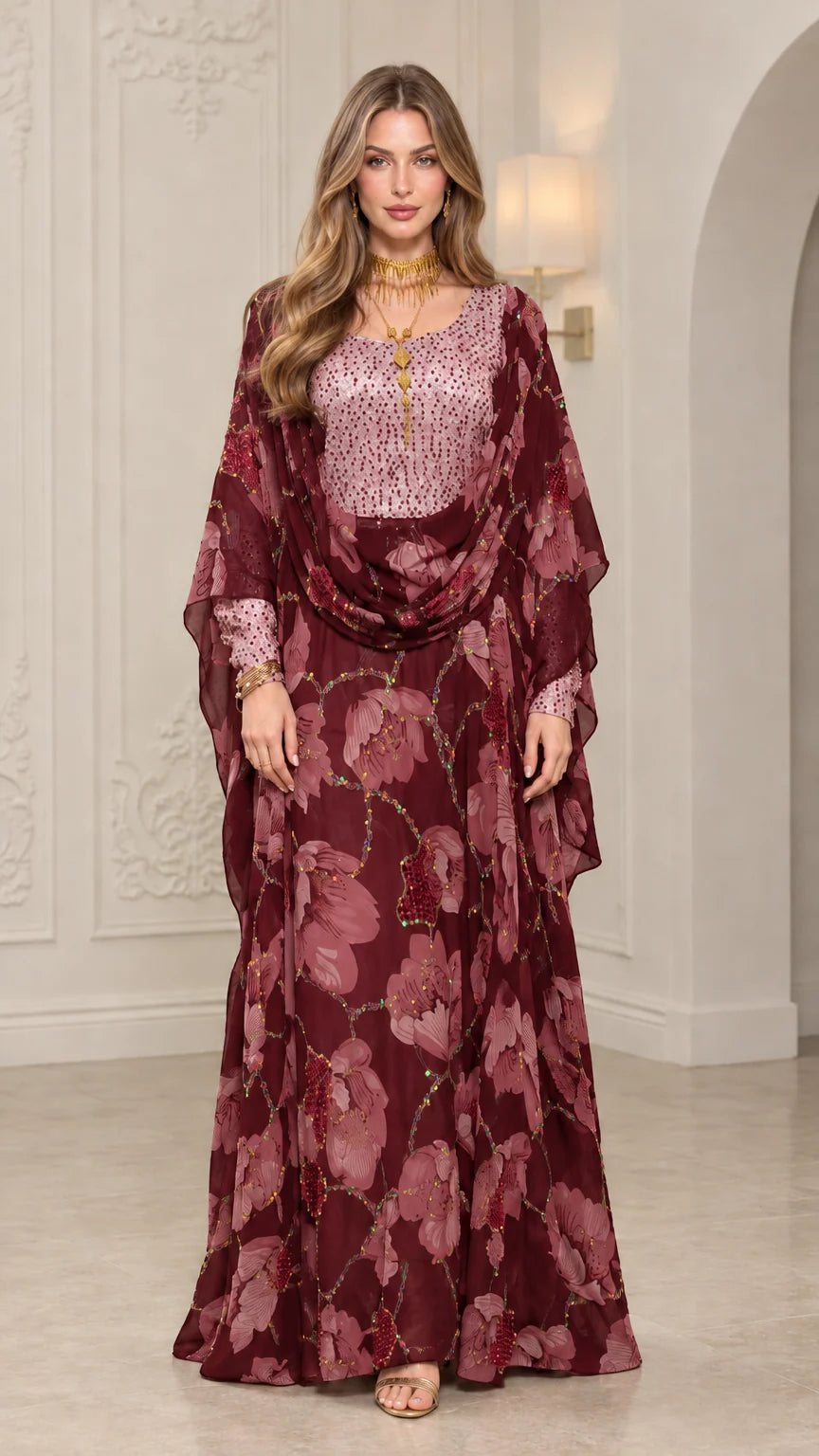 Front view of woman wearing Burgundy floral embellished kaftan maxi dress