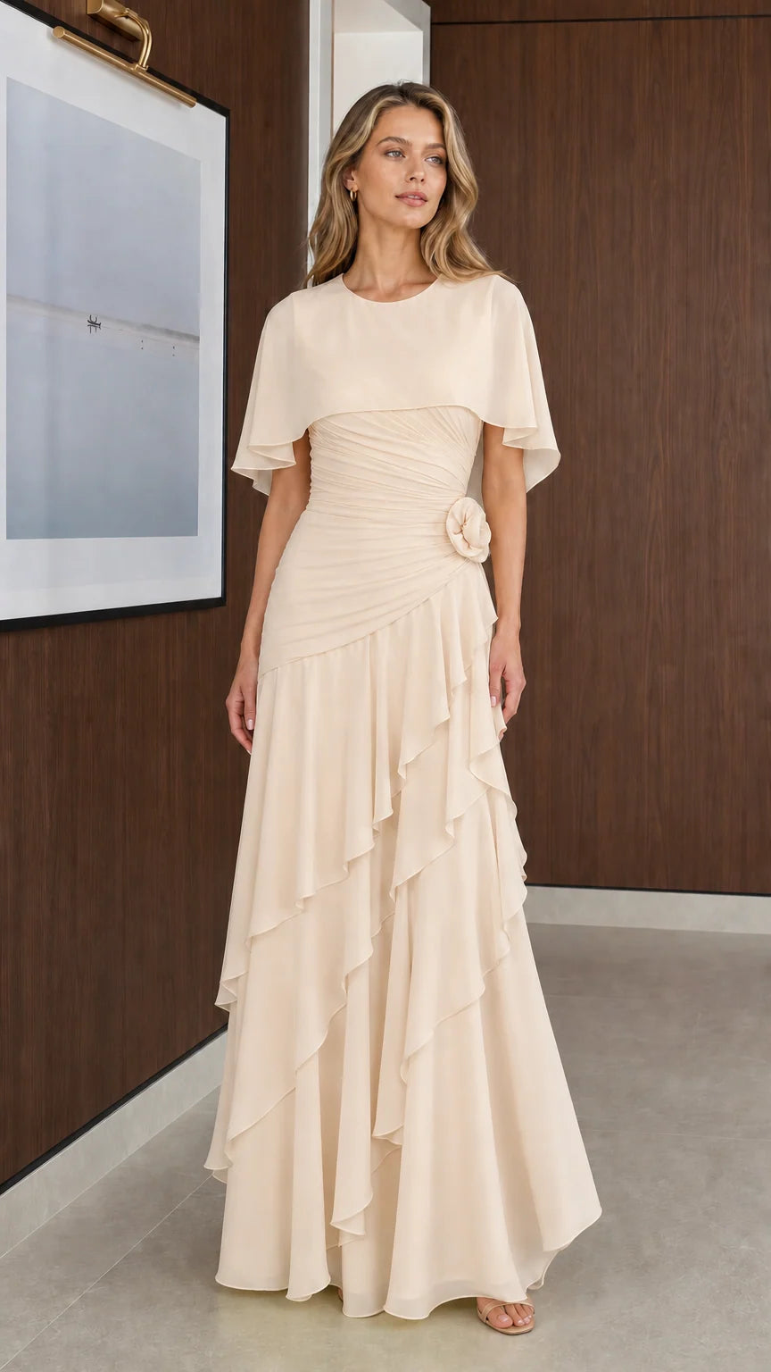 Model wearing Champagne beige capelet chiffon evening maxi dress