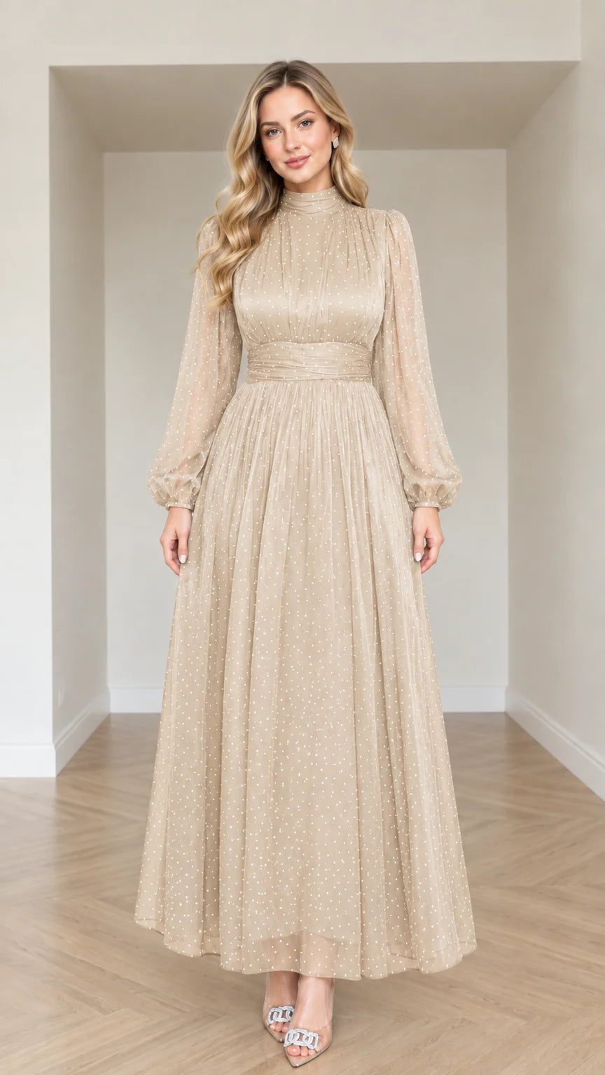 Front view of woman wearing Champagne gold shimmer mock neck pleated maxi dress