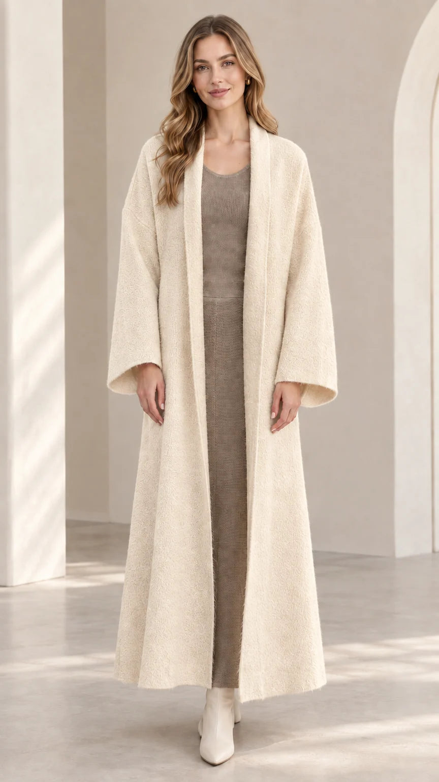 Front view of model wearing warm beige textured longline knit coat