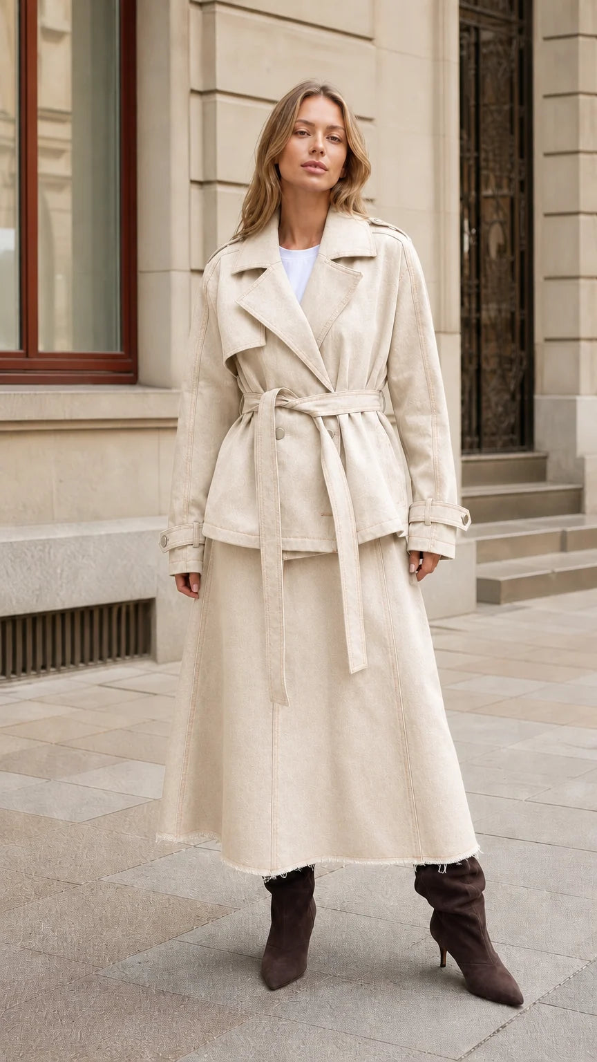 Woman wearing Cream beige belted trench jacket and matching maxi skirt set