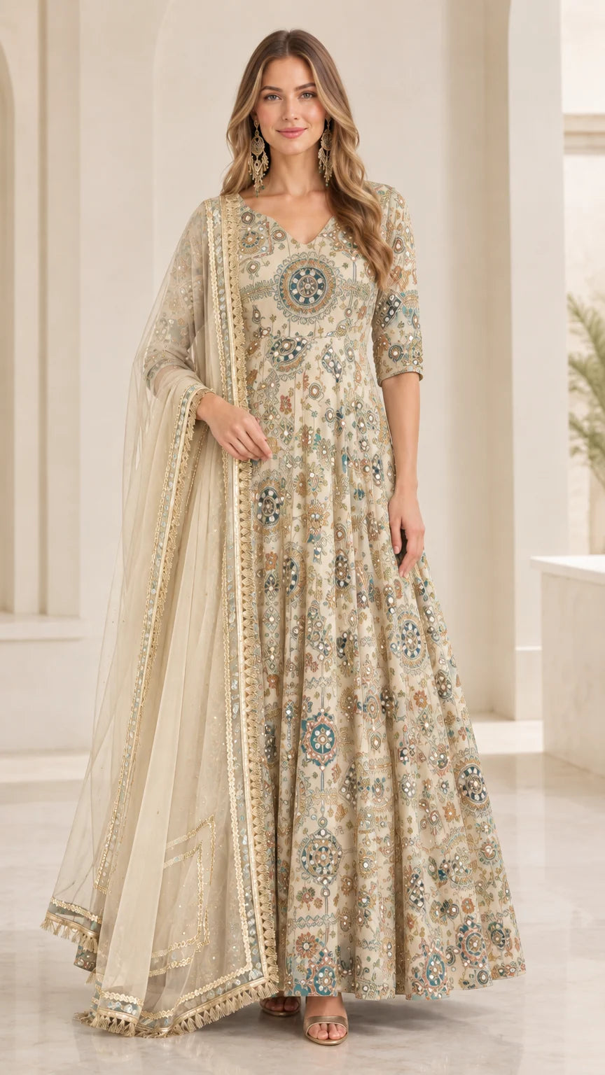Front view of model wearing Champagne Cream embroidered Anarkali evening maxi dress