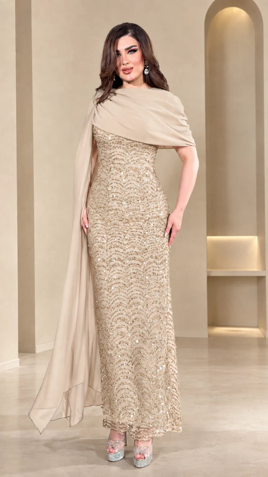 Champagne beige shimmering sequin evening gown with sheer chiffon cape