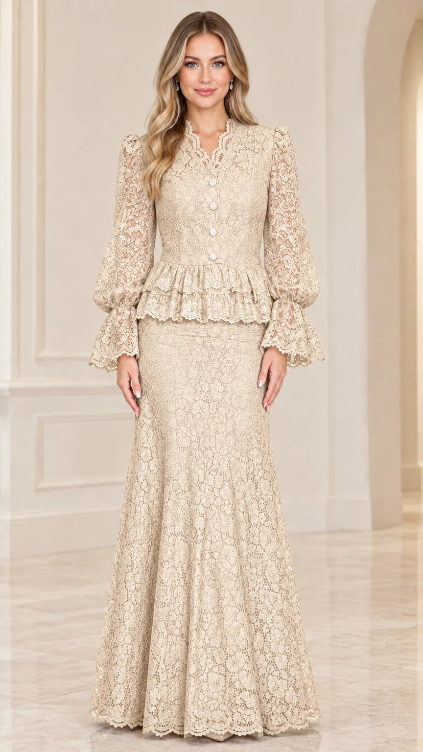 Front view of champagne beige long-sleeve floral lace maxi gown