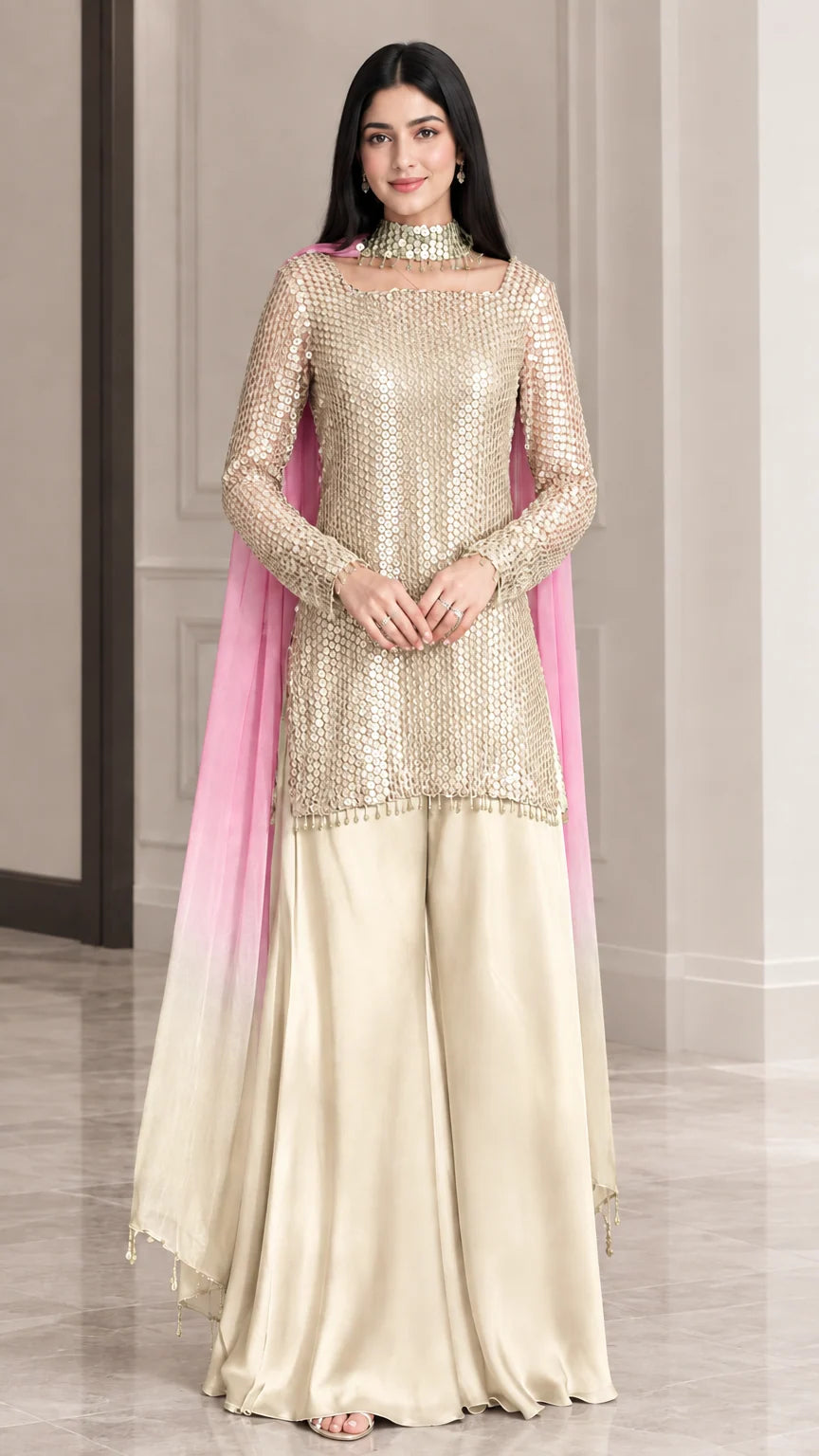 Front view of champagne gold sequined kurti set with pastel pink ombre dupatta