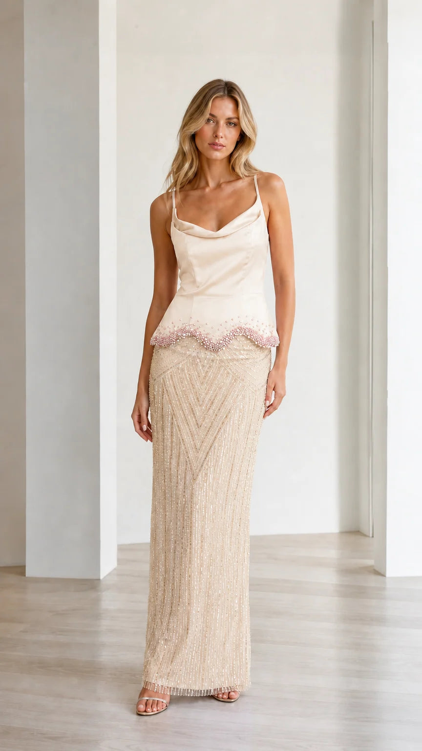 Elegance Beaded Cami Peplum Maxi Dress in Champagne front view