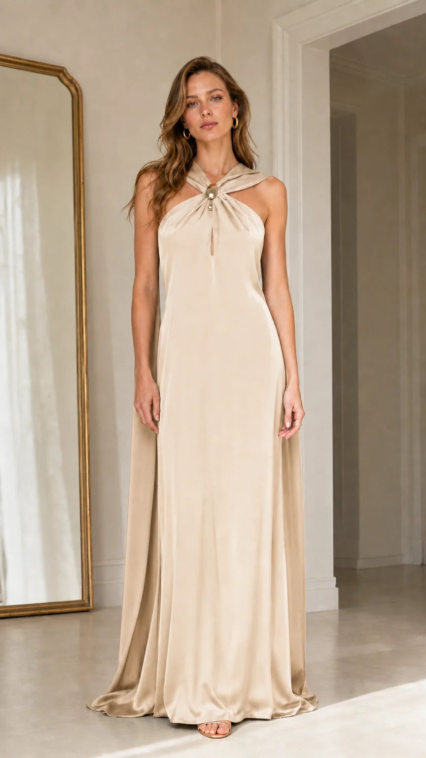 Front view of champagne satin halter maxi dress