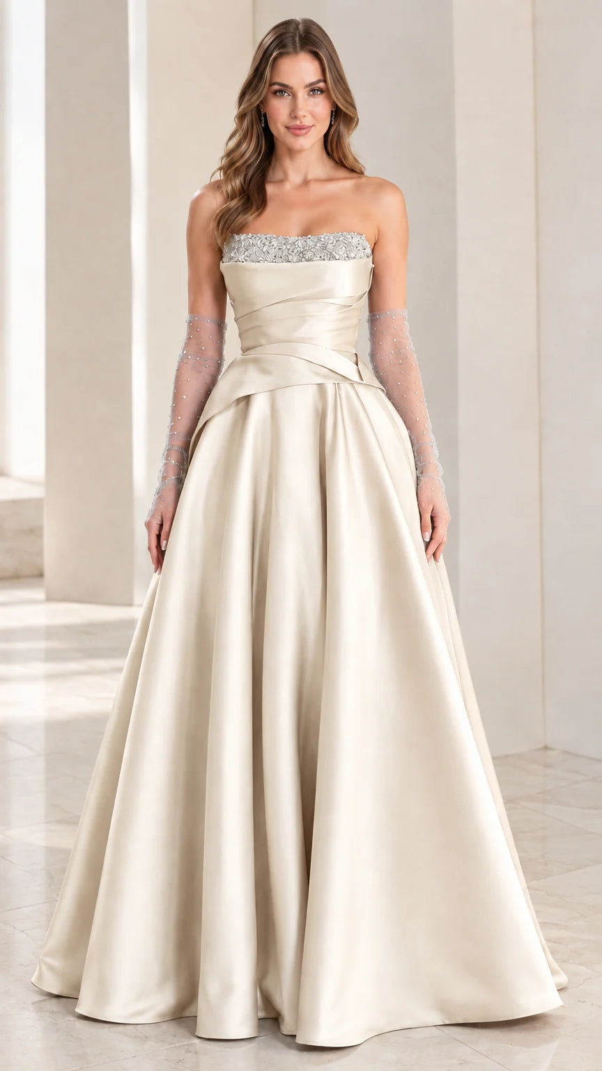 Champagne ivory strapless satin evening gown with beaded neckline