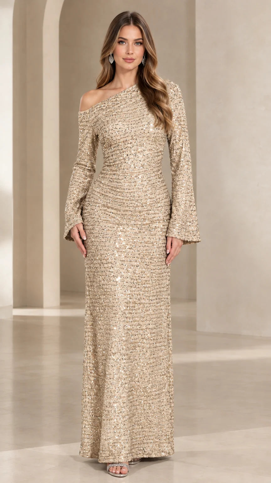 Champagne gold one-shoulder sequin long evening gown with flare cuffs