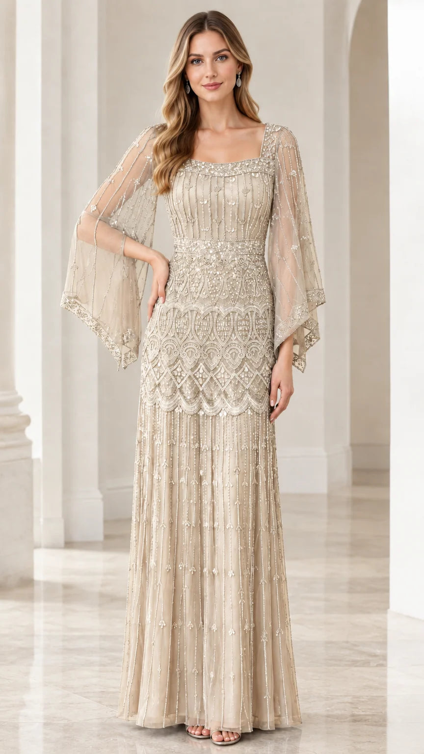 Champagne gold embellished flutter sleeve evening gown
