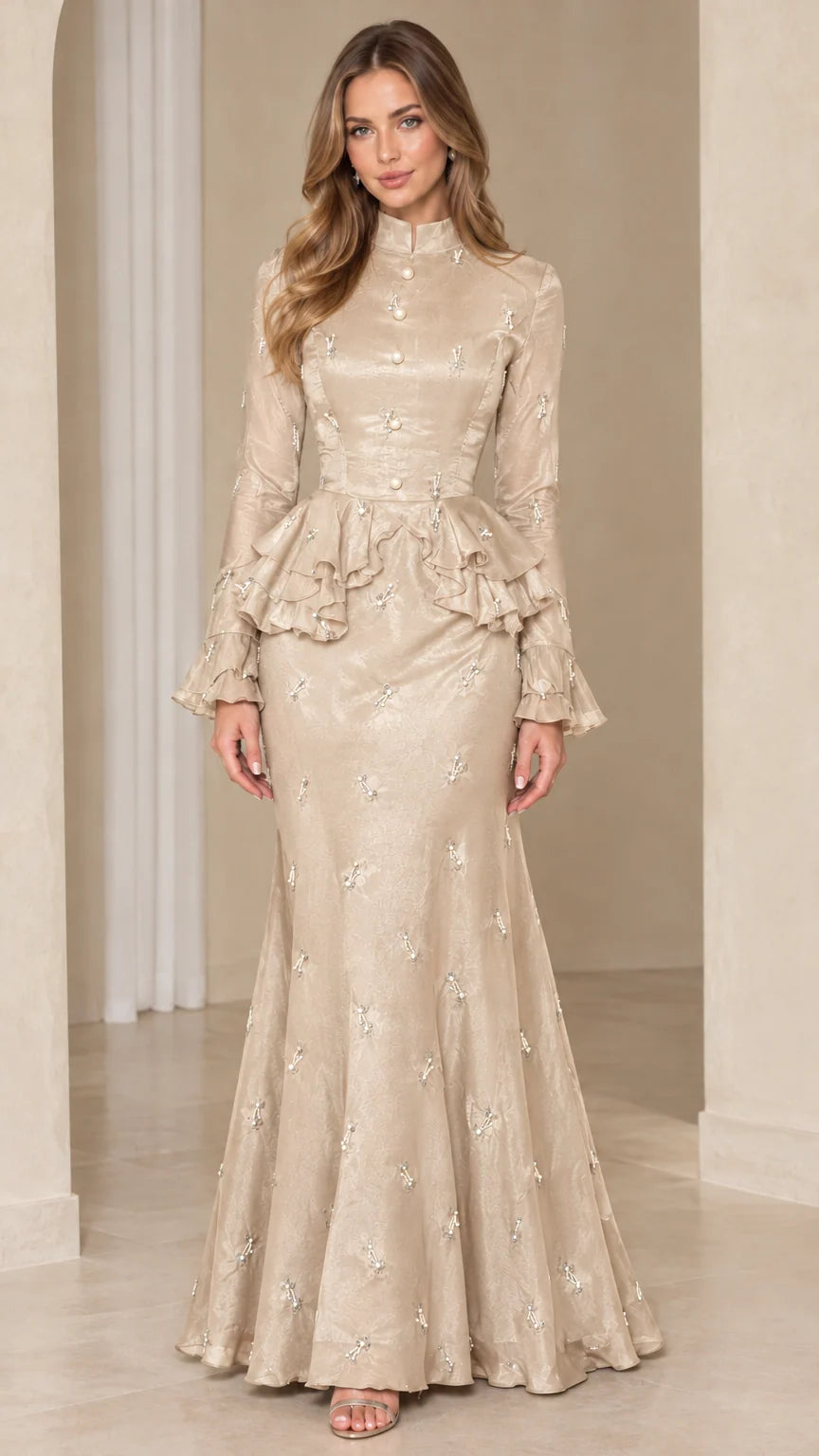 Full-length view of champagne beige embellished peplum mermaid maxi dress