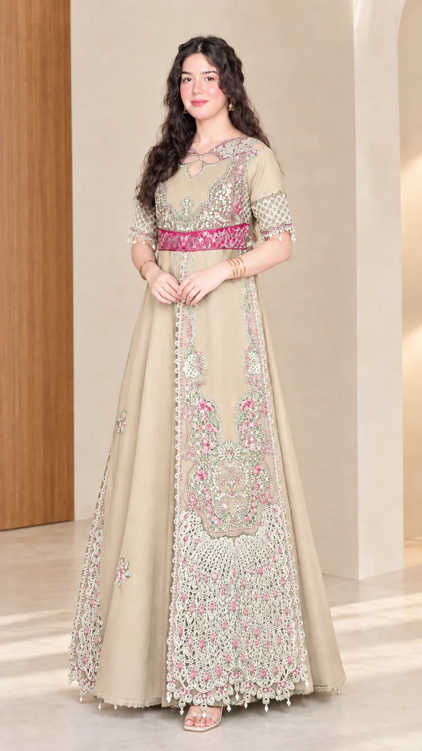 Front full view of woman wearing champagne beige embroidered maxi dress