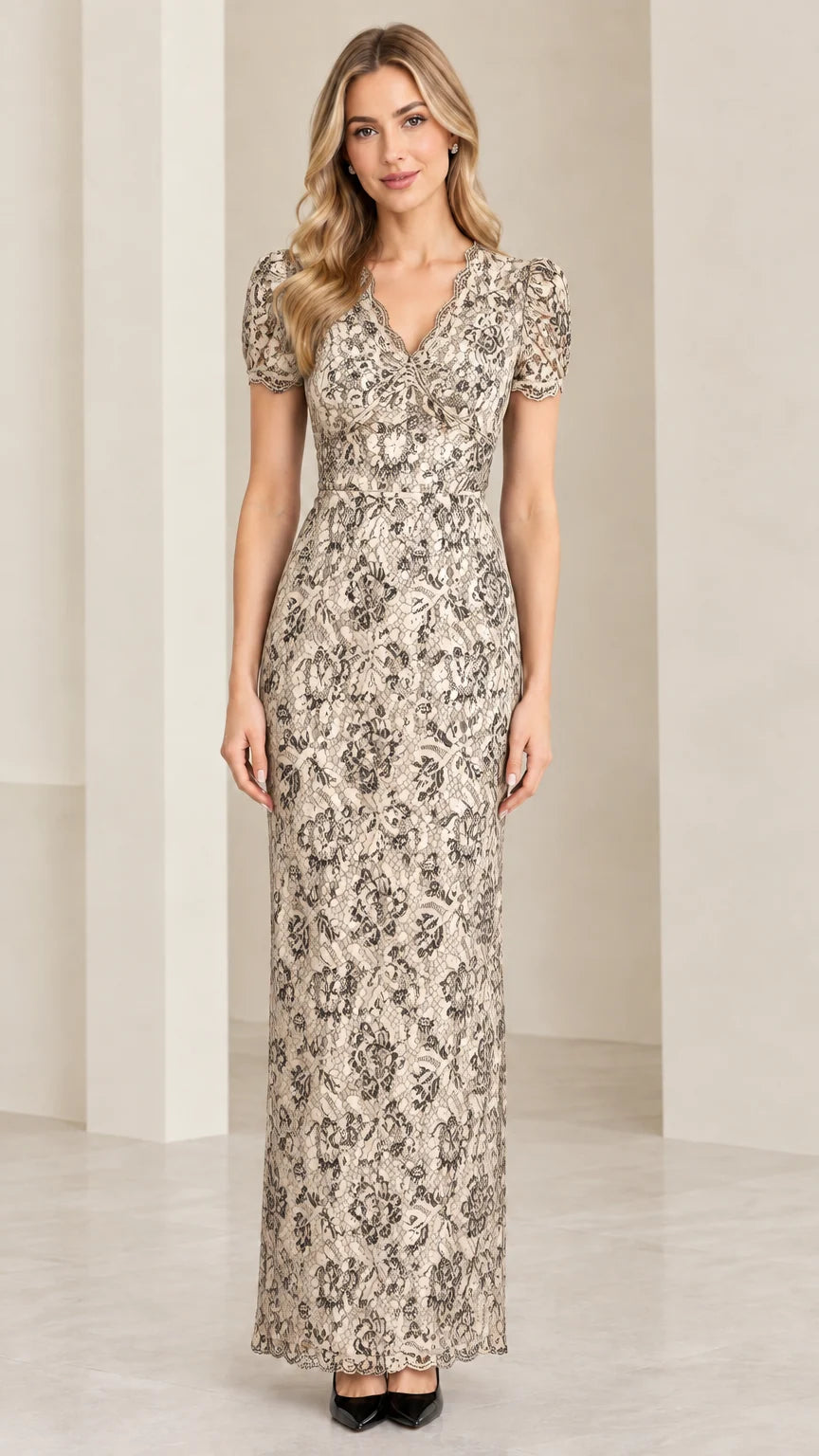 Front full view of model wearing champagne beige floral lace short sleeve maxi dress