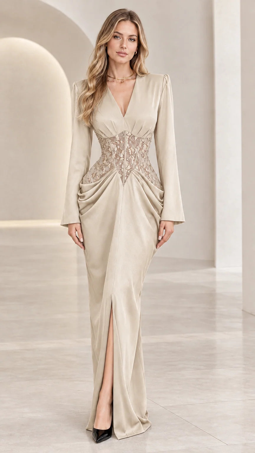 Champagne beige long sleeve evening gown with lace corset waist