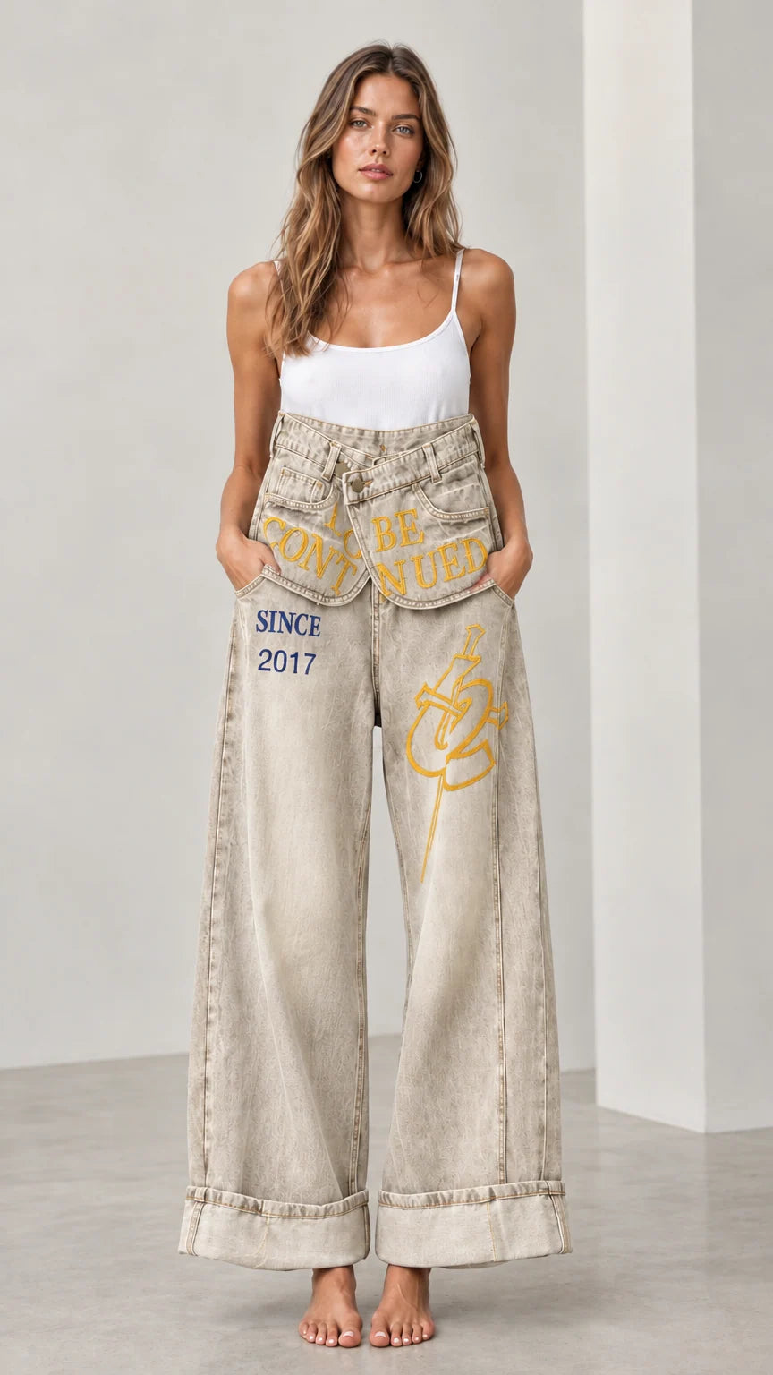 Front full view of Sand Beige Fold-Over Waist Graphic Wide-Leg Jeans