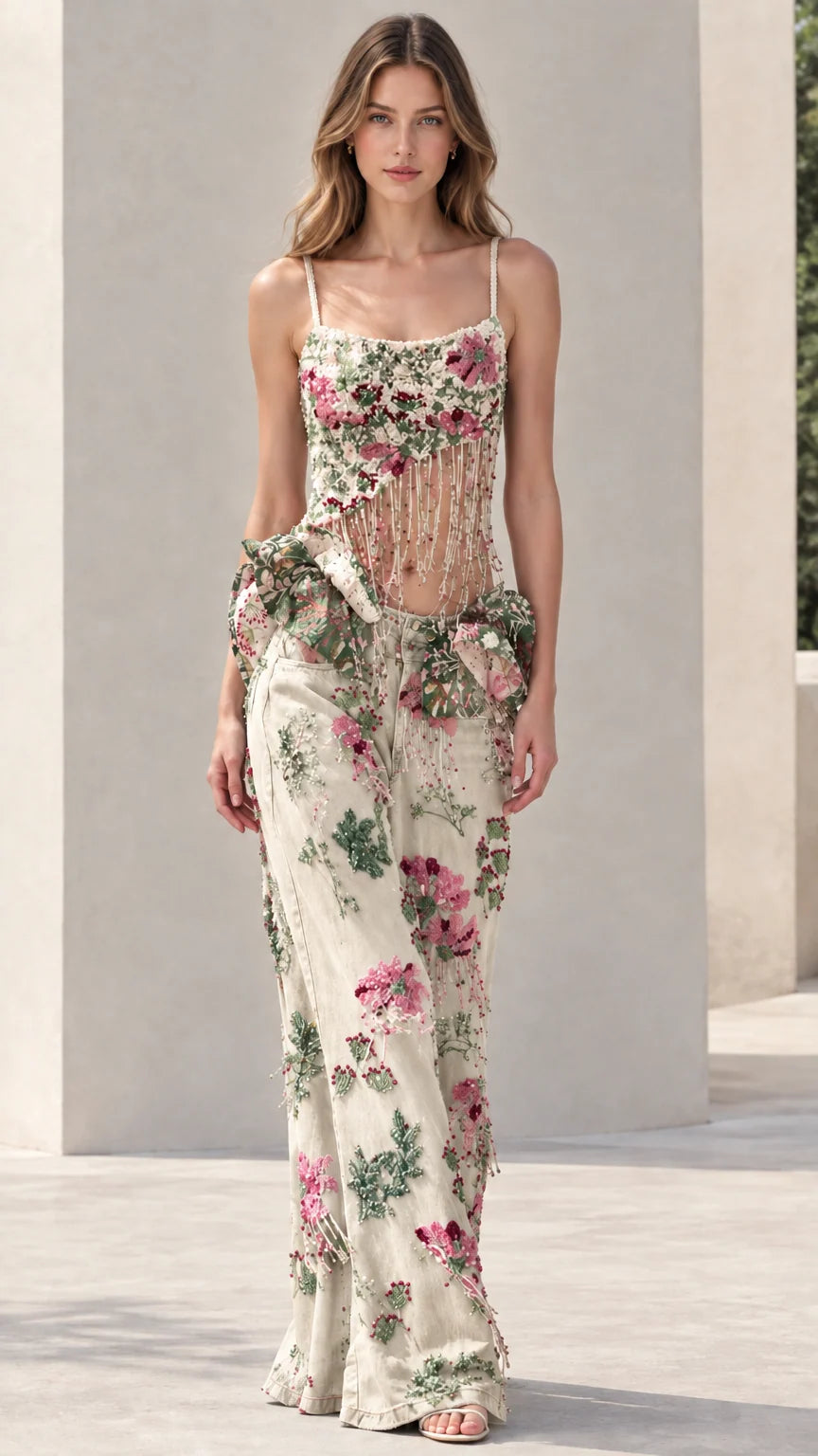 Cream off-white floral beaded cami top and wide leg pants two-piece set