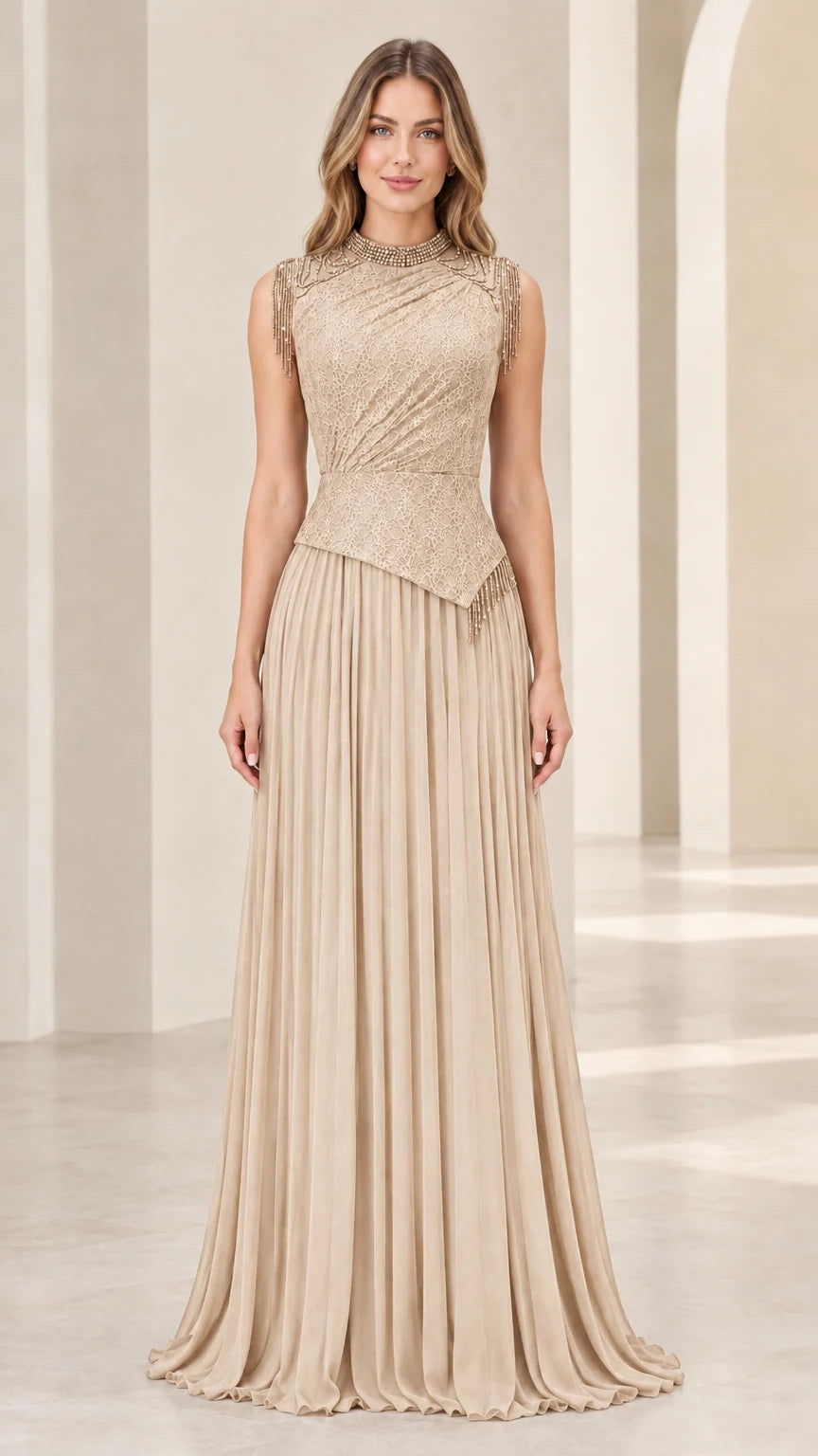 Model wearing champagne gold beaded high neck pleated evening dress