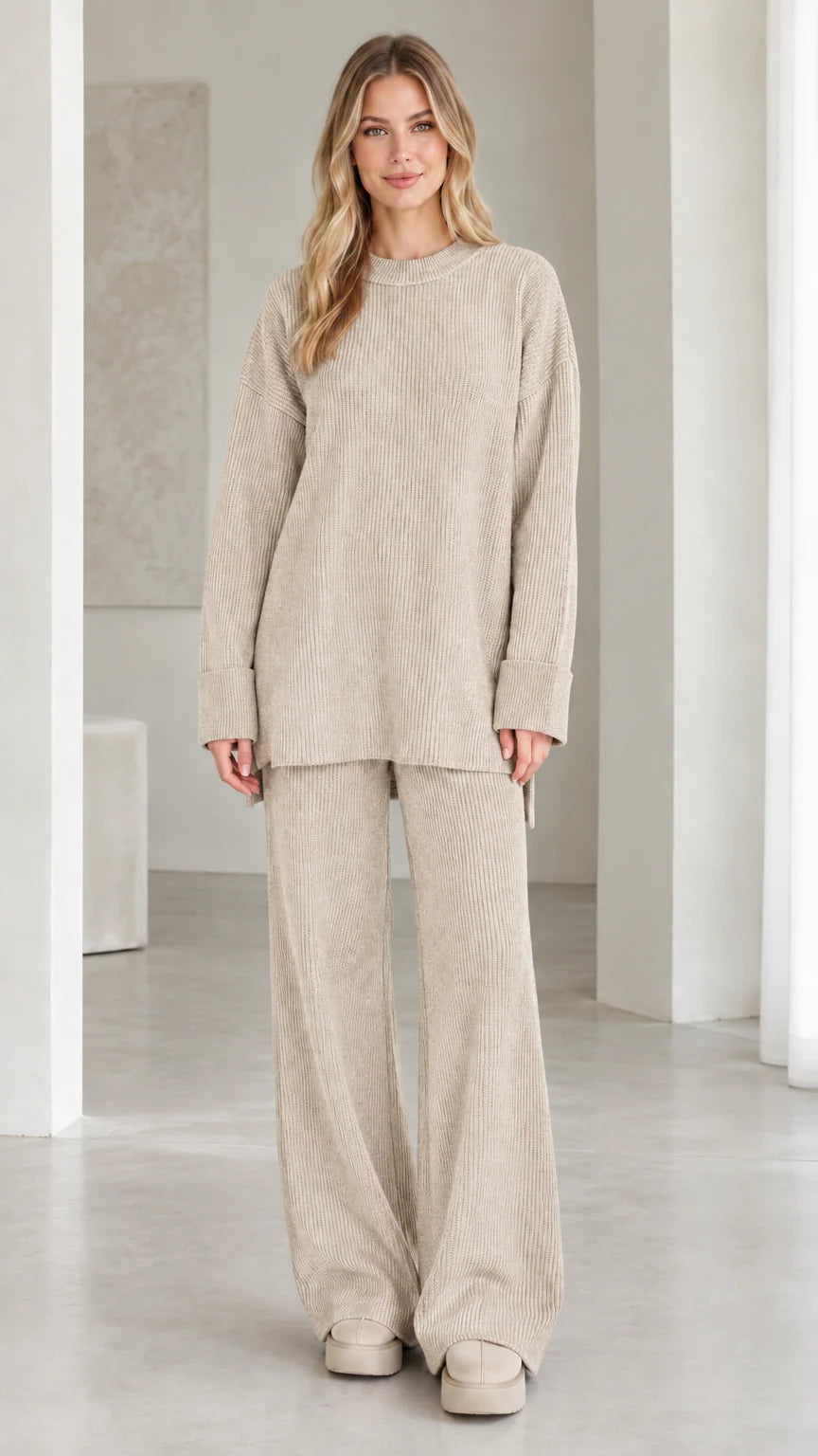 Model wearing beige ribbed knit two-piece lounge set