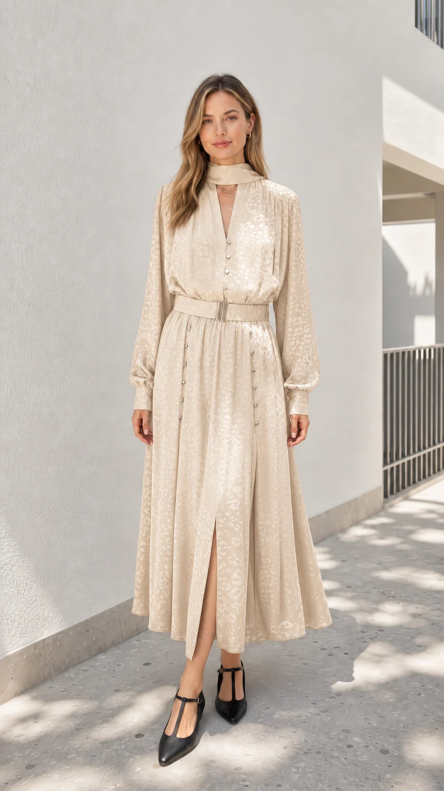 Model wearing champagne mock neck midi dress