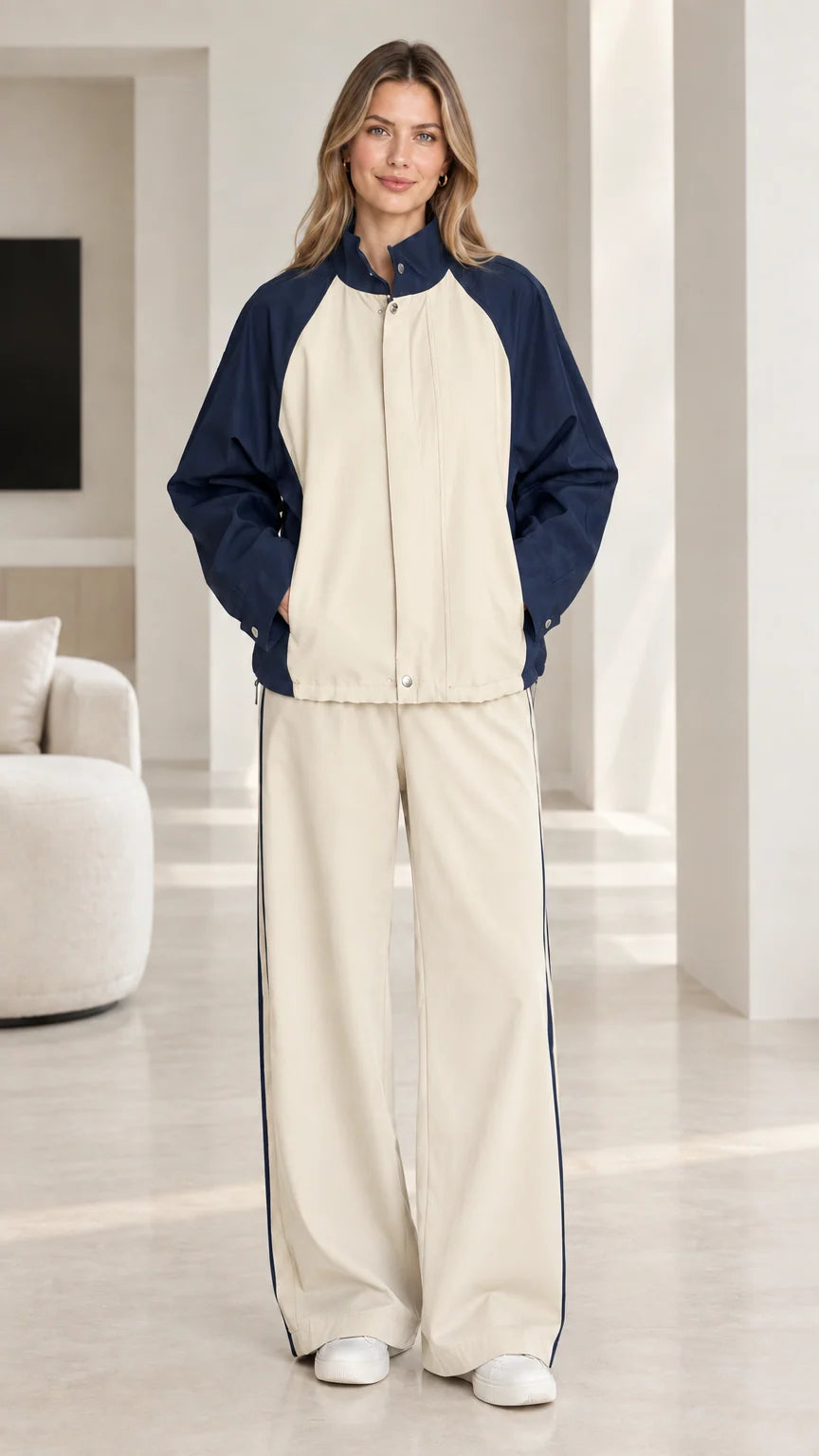 Beige and navy blue colorblock two-piece tracksuit set on model