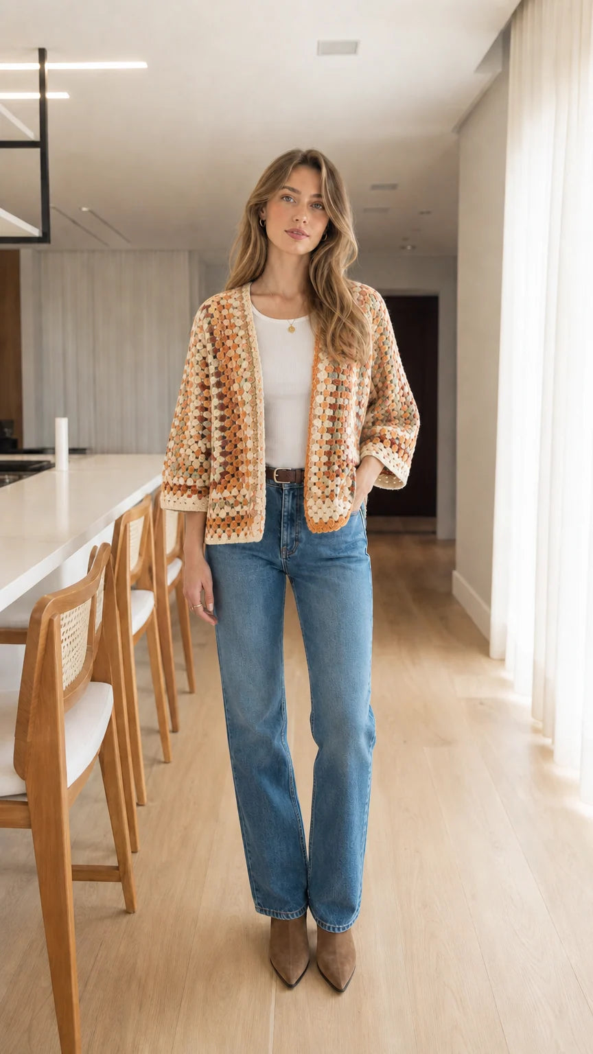 Woman wearing Beige Multi neutral warm tones crochet knit open front cardigan