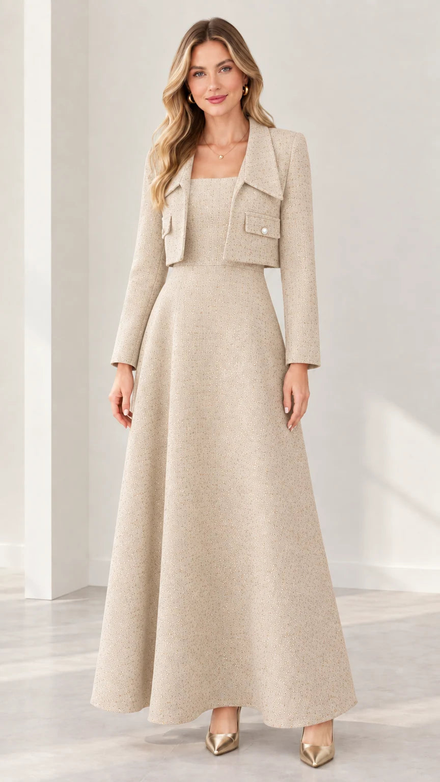 Beige tweed two-piece maxi dress and cropped jacket suit