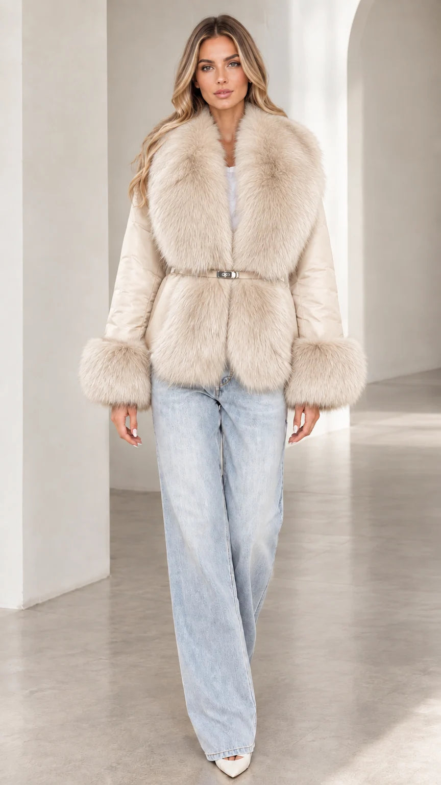 Model wearing cream beige belted winter coat with plush faux fur collar