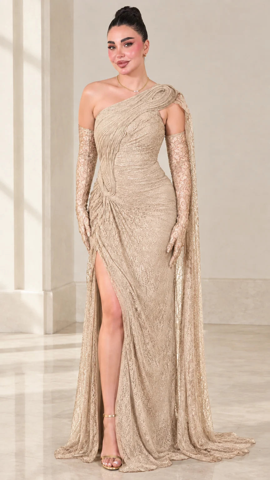 Champagne beige one-shoulder ruched lace evening gown with flowing cape drape