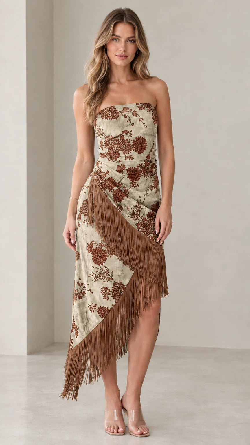Beige strapless floral midi dress with brown fringe hem trim