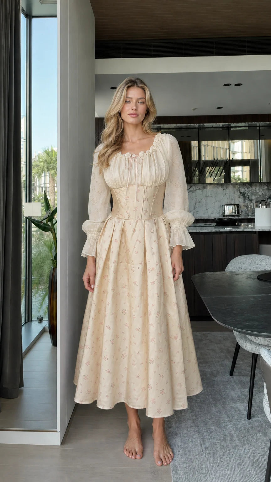 Full front view of model wearing champagne vintage corset midi dress