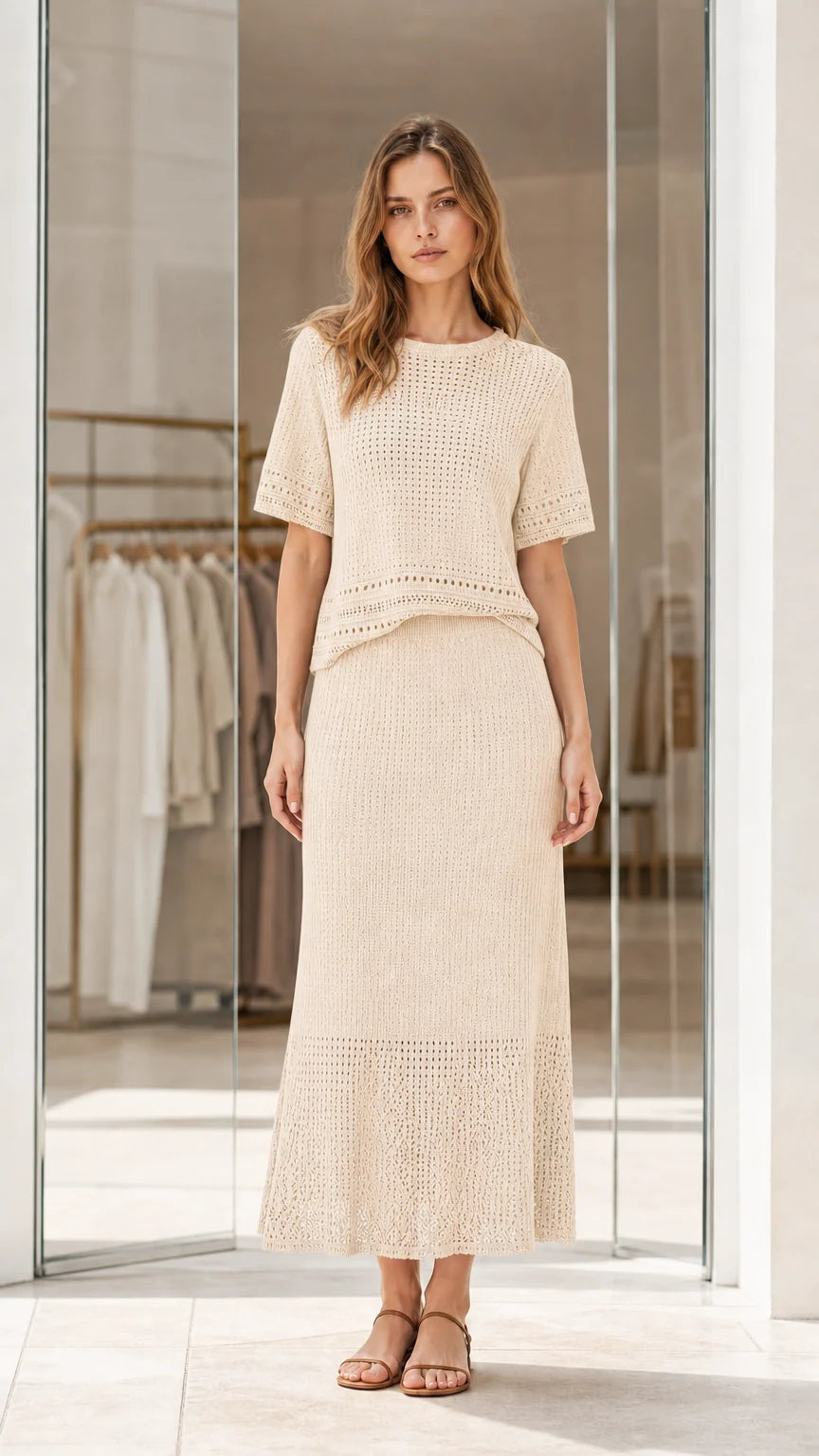 Full front view of cream beige pointelle knit two-piece top and maxi skirt set