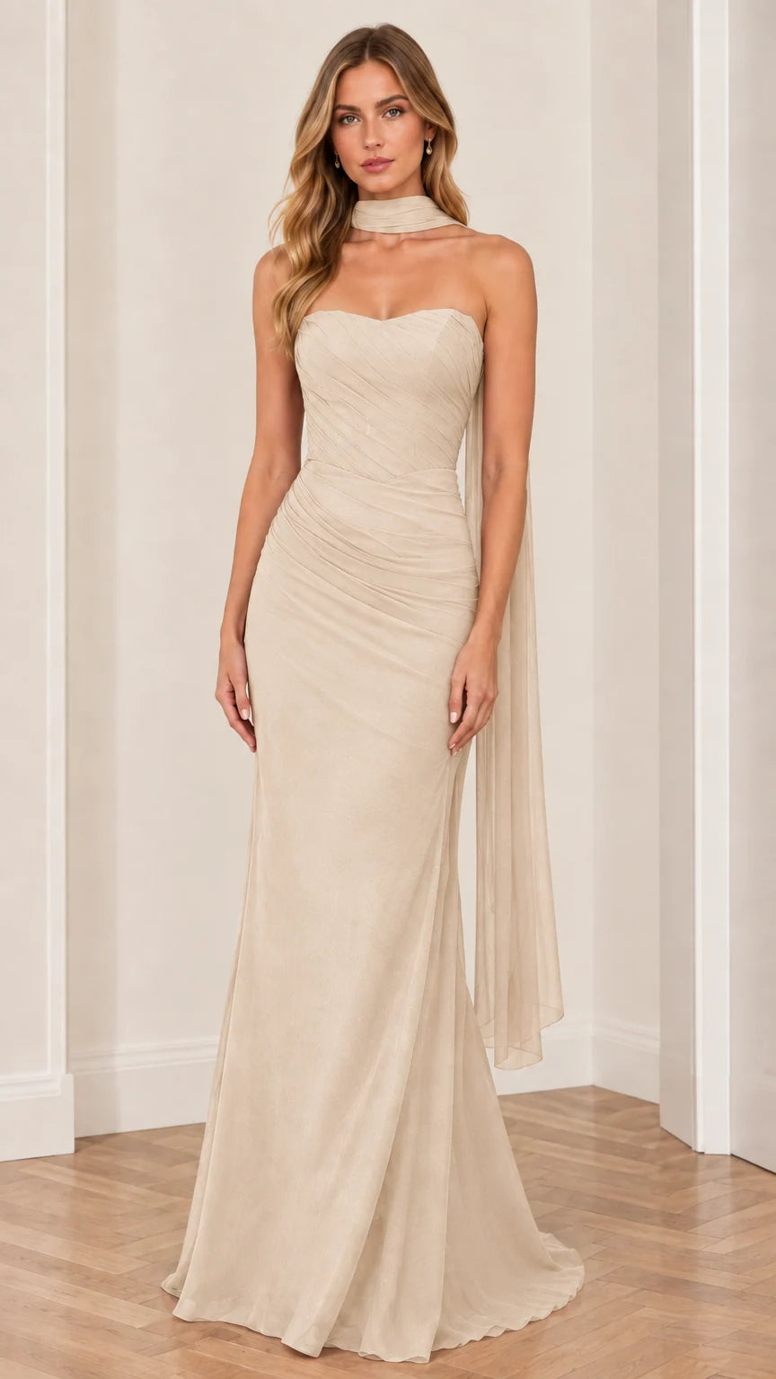 Champagne beige strapless ruched formal maxi gown with matching choker scarf