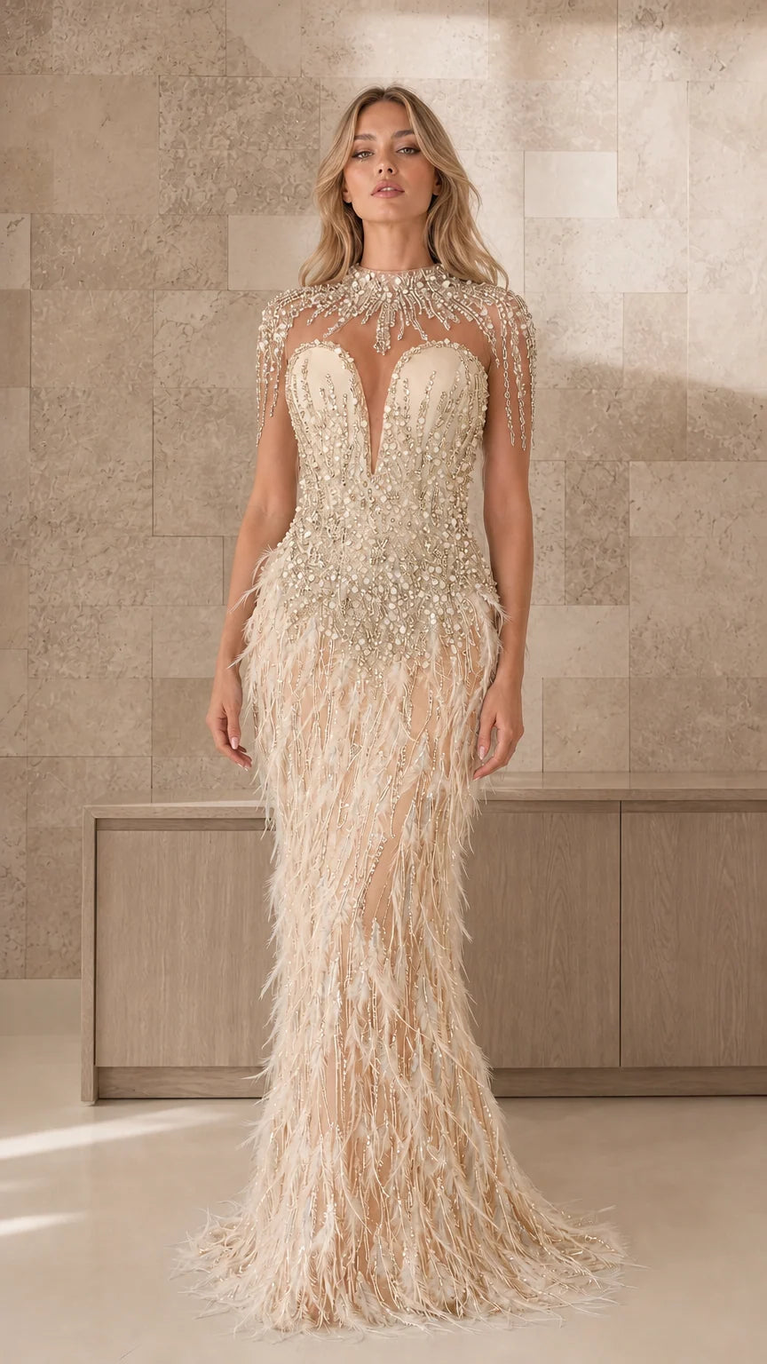 Front view of champagne beaded illusion feather evening gown