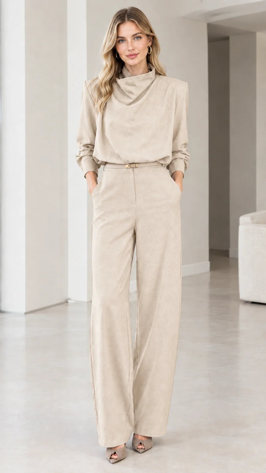 Beige Cream Long Sleeve Cowl Neck Wide Leg Belted Jumpsuit