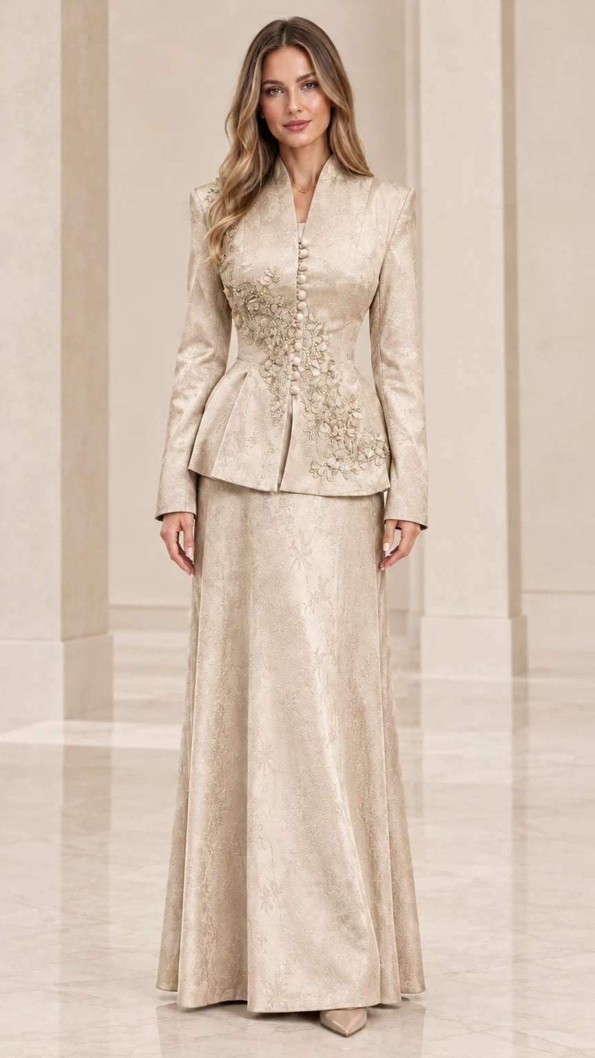 Champagne beige elegant embroidered peplum jacket and long skirt suit