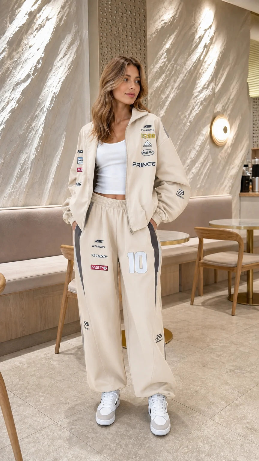 Model wearing beige graphic racing tracksuit set with white sneakers