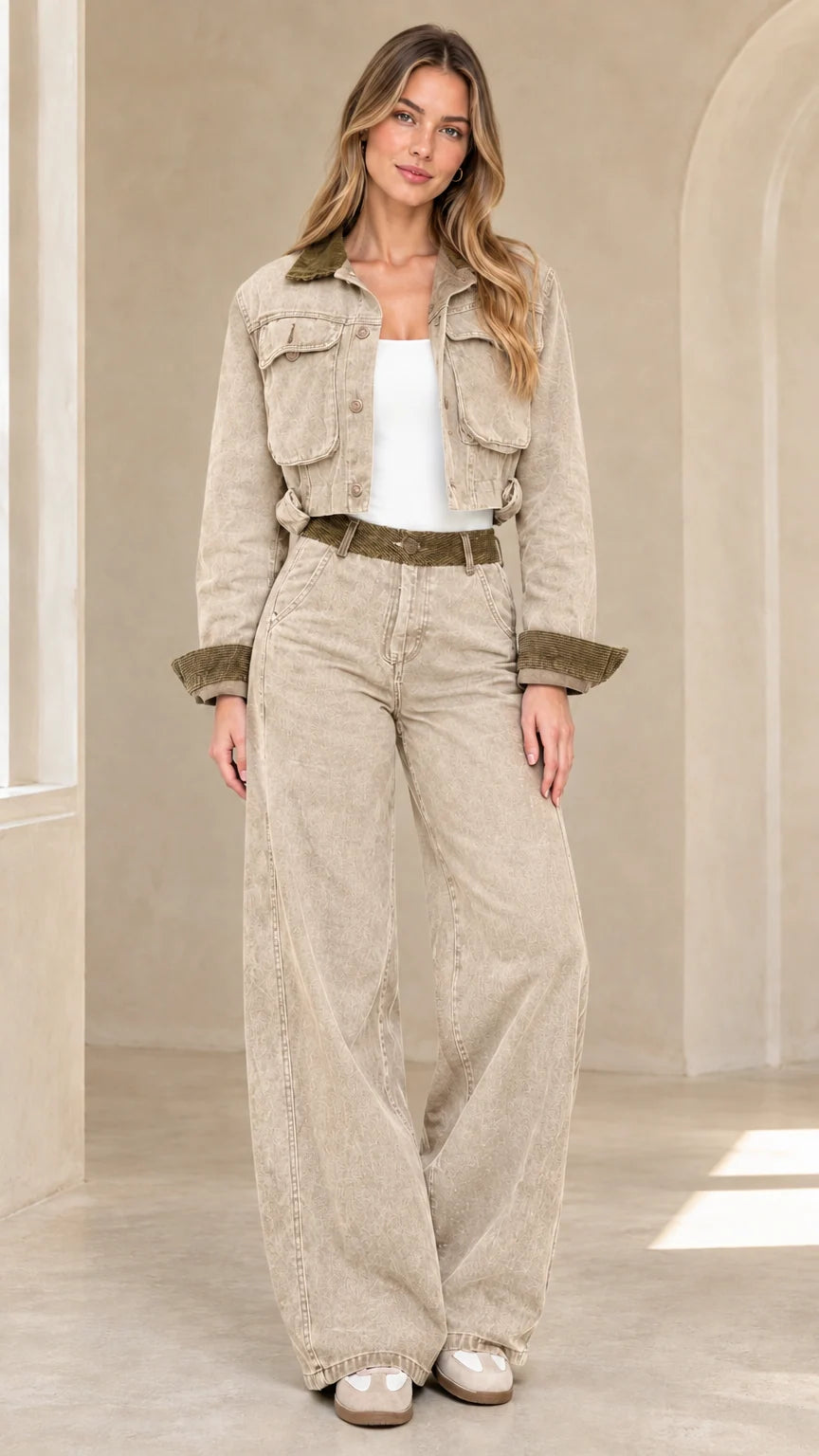 Sand khaki cropped jacket and matching high-waisted wide-leg trousers