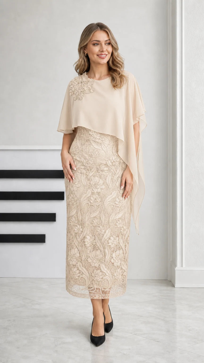Champagne beige mother of the bride lace midi dress with chiffon cape
