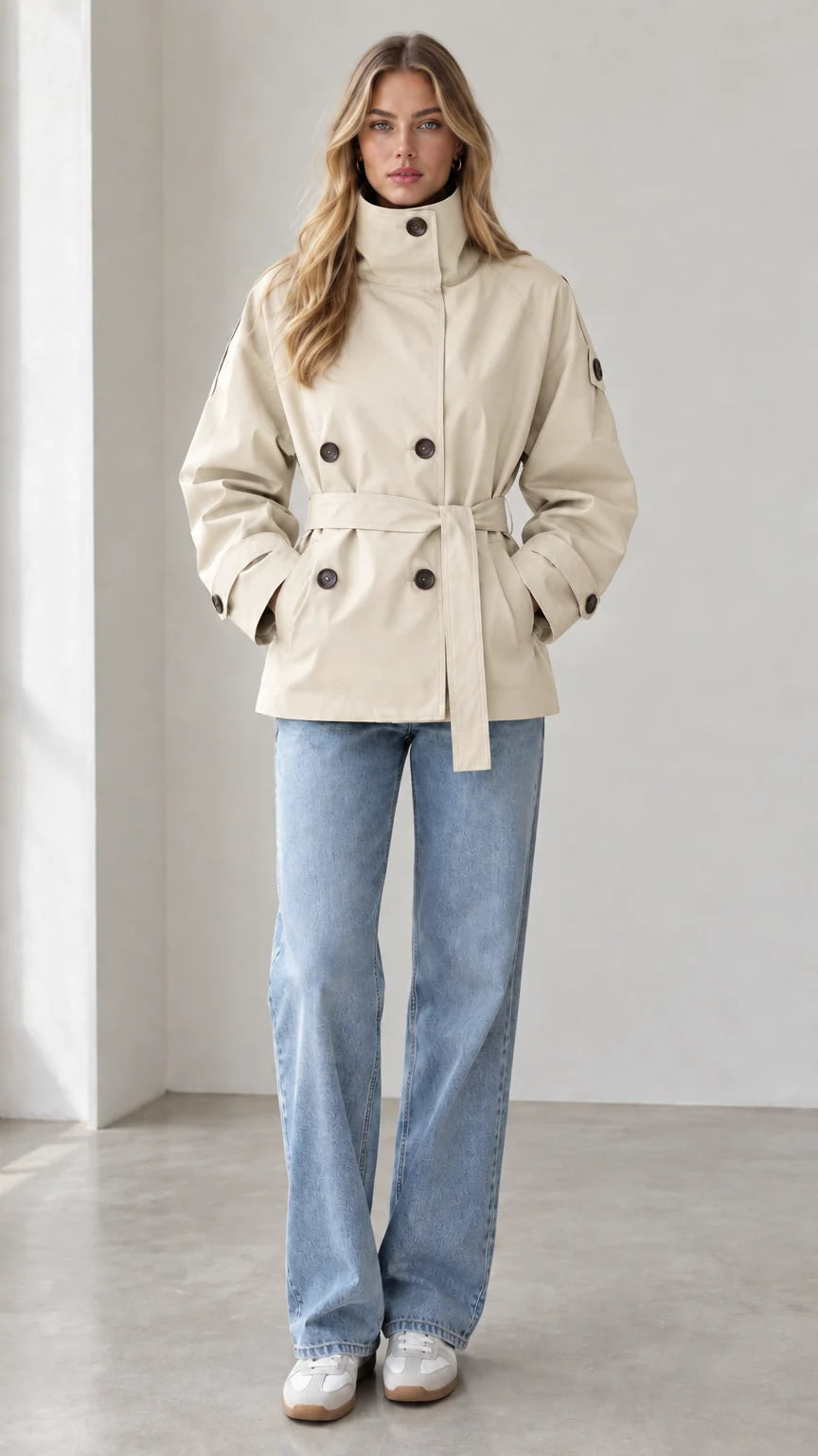 Model wearing light beige short belted trench coat with denim jeans