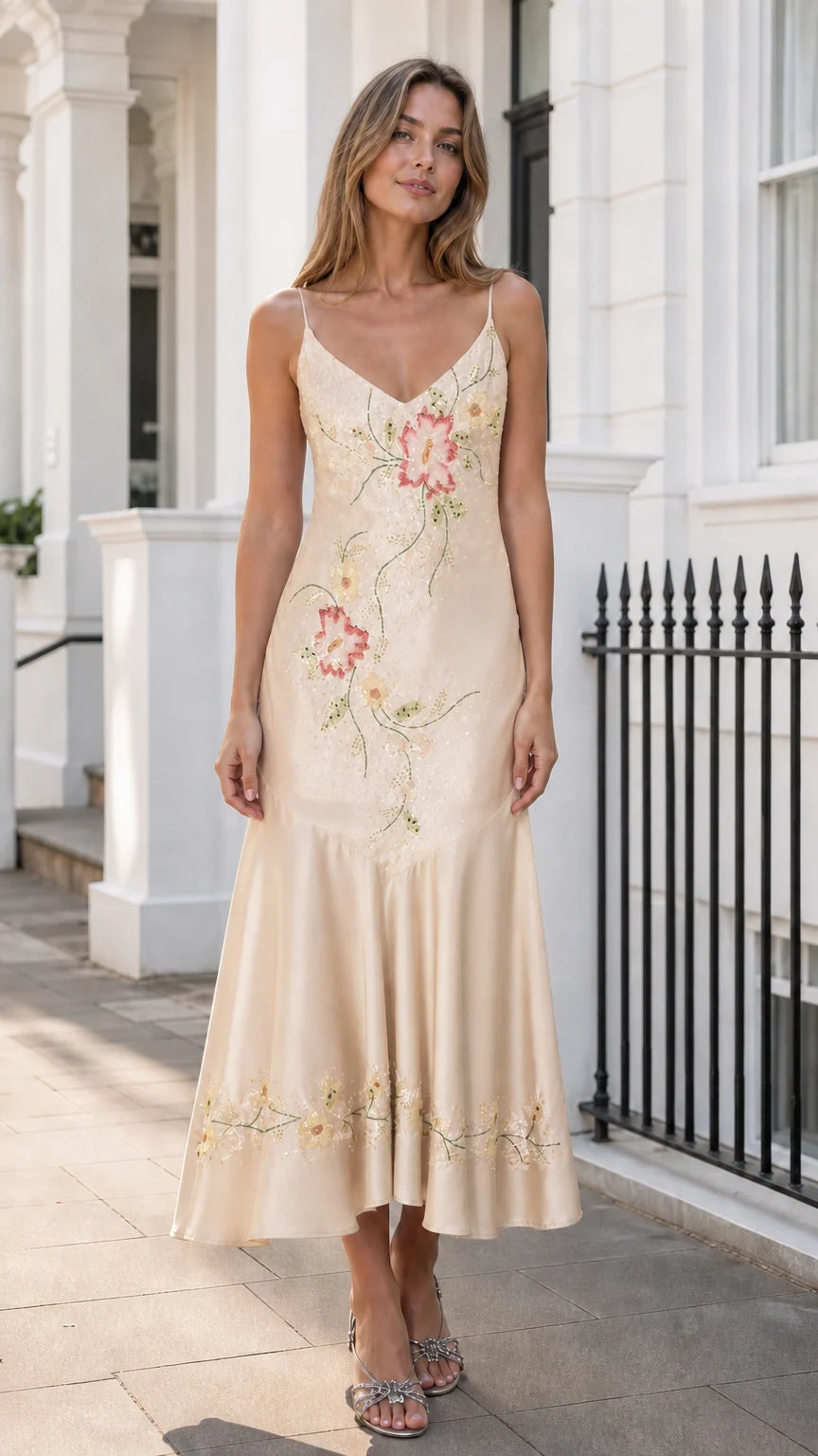 Front view of champagne beige satin slip midi dress with floral embroidery
