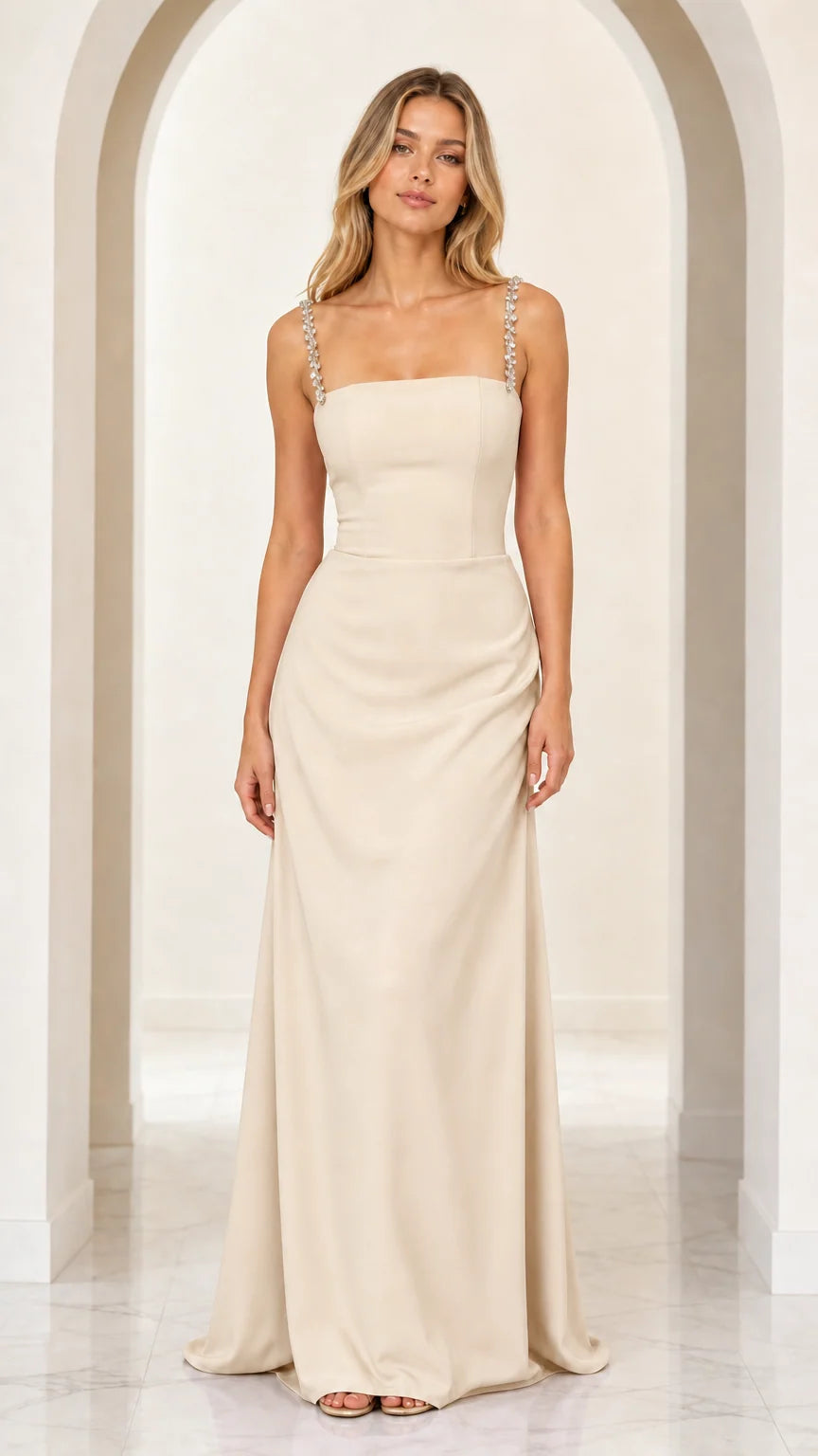 Champagne cream formal maxi gown with sparkling rhinestone straps