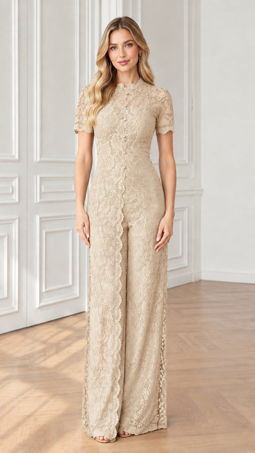 Full front view of Champagne beige lace wide-leg evening jumpsuit