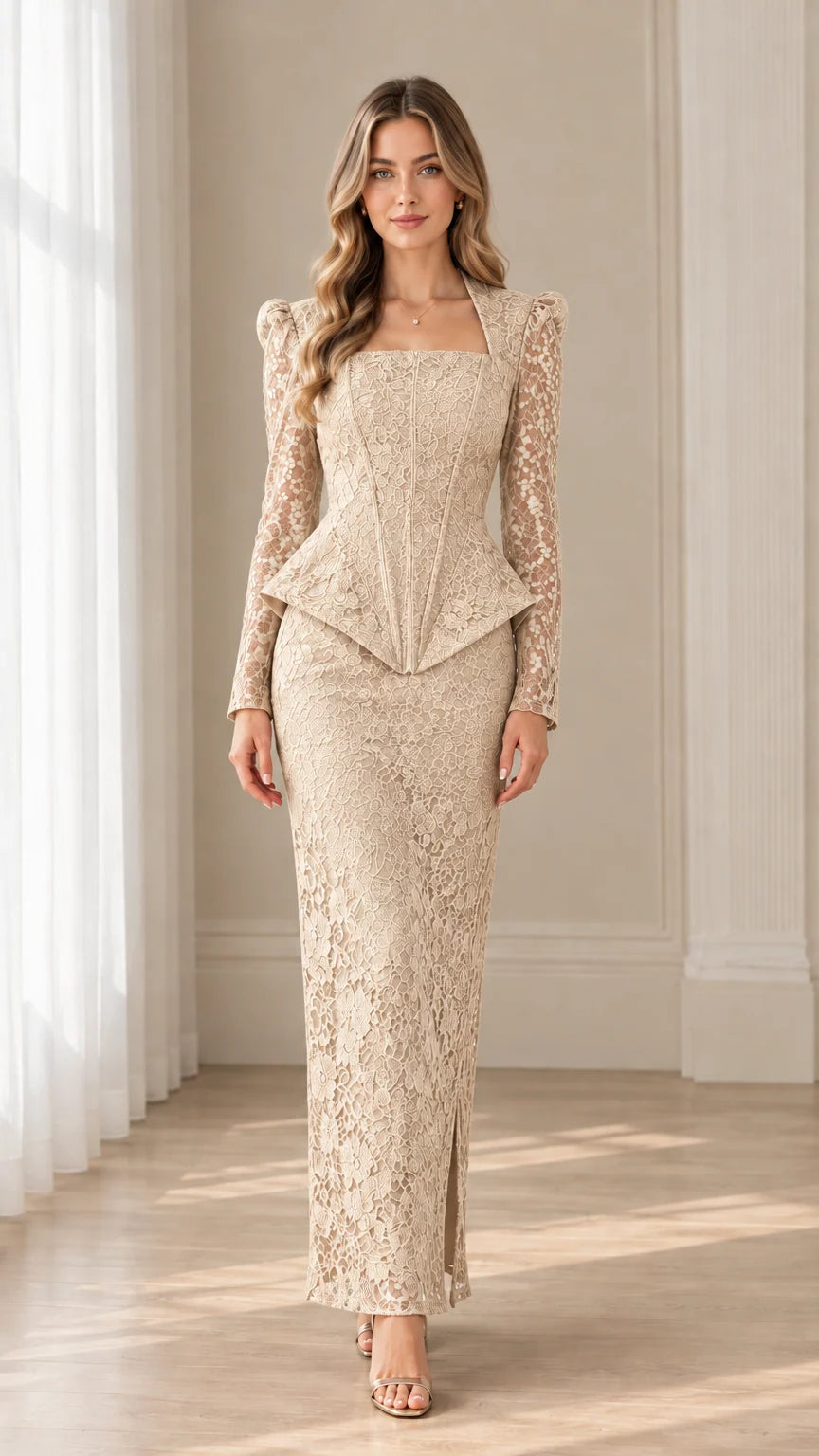 Model wearing champagne beige floral lace corset peplum top and maxi skirt set