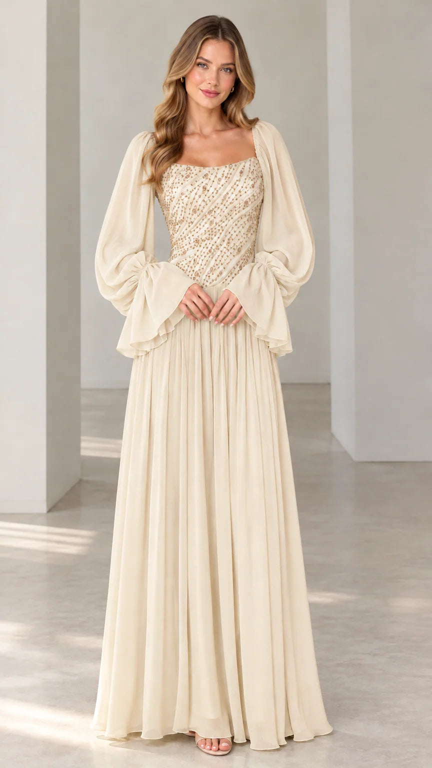 Champagne ivory sequin bodice long sleeve evening gown