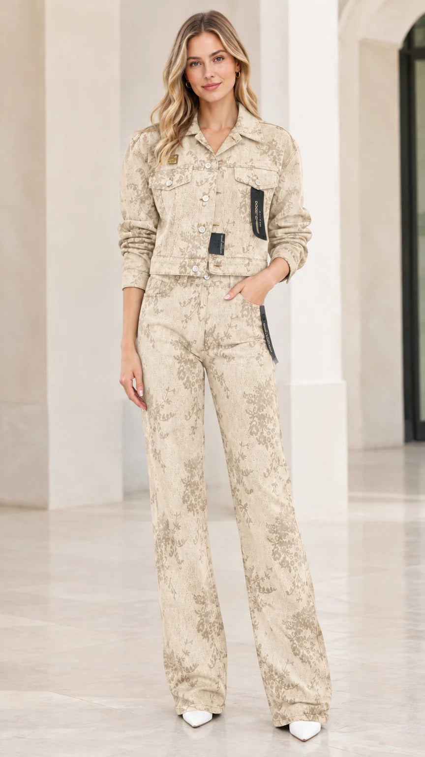 Model wearing beige khaki floral embossed denim cropped jacket and pants set