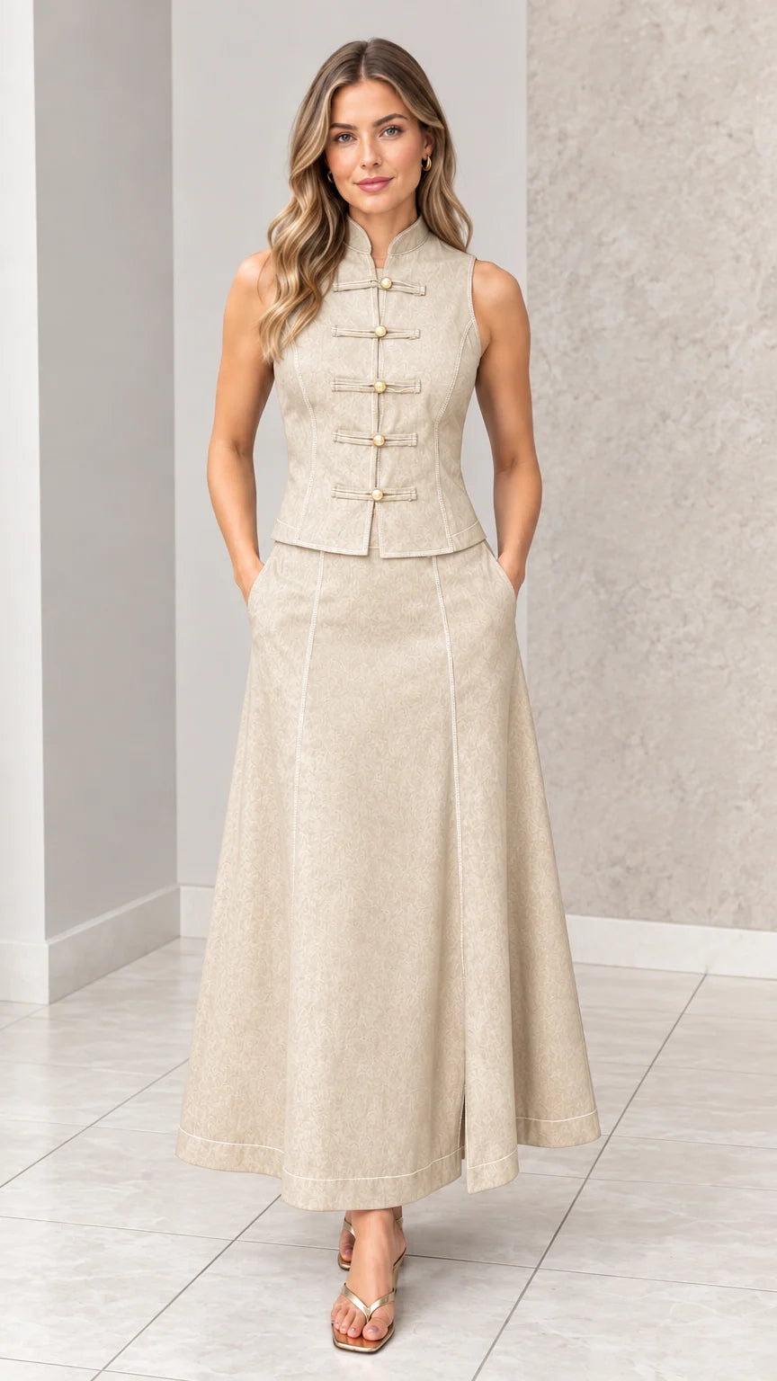 Front full-length view of woman wearing beige oatmeal mandarin collar vest and maxi skirt set