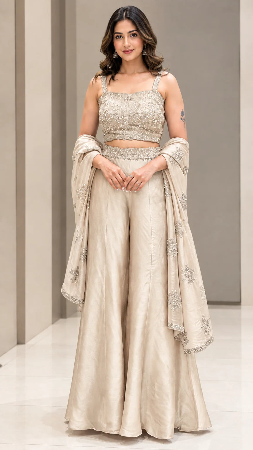 Full-length studio view of woman wearing Champagne gold embroidered palazzo pant set