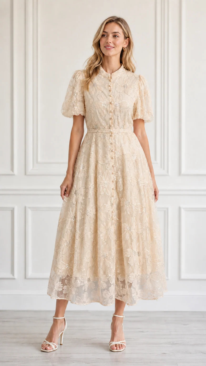 Front view of model wearing champagne floral embroidered midi dress